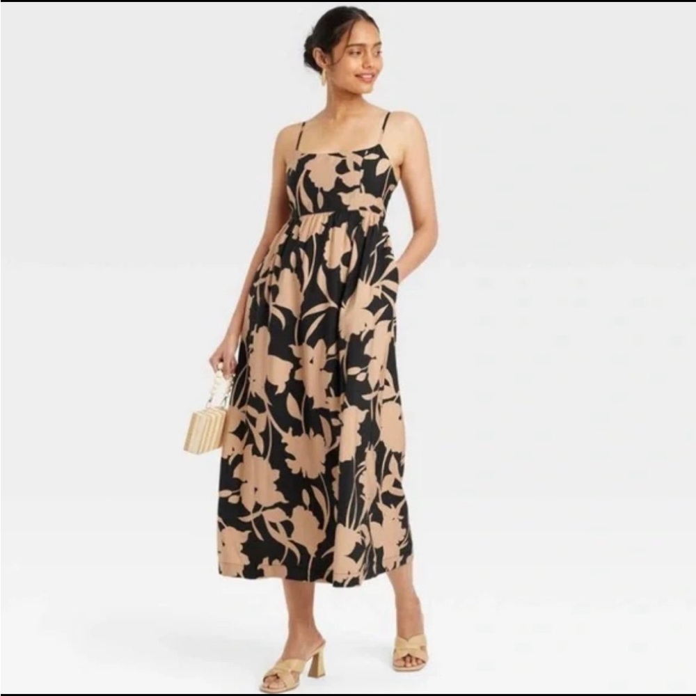 A New Day Women’s Best Ever Tan And Black Floral Print Midi Dress XS Resortwear